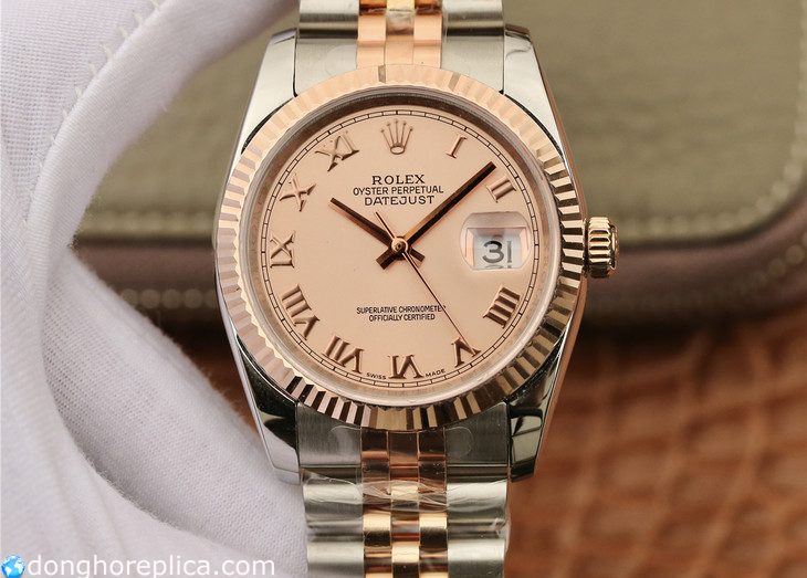 Giới thiệu đồng hồ Rose Gold Rolex Datejust Replica 1:1 siêu cao cấp mặt số cá hồi cọc la mã