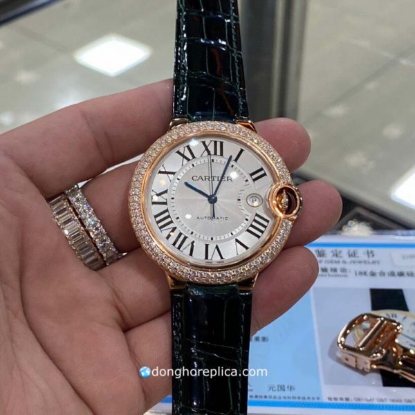 Đồng Hồ Cartier Ballon Bleu Bọc Vàng 18K Đá Moissanite Dây Da Xịn