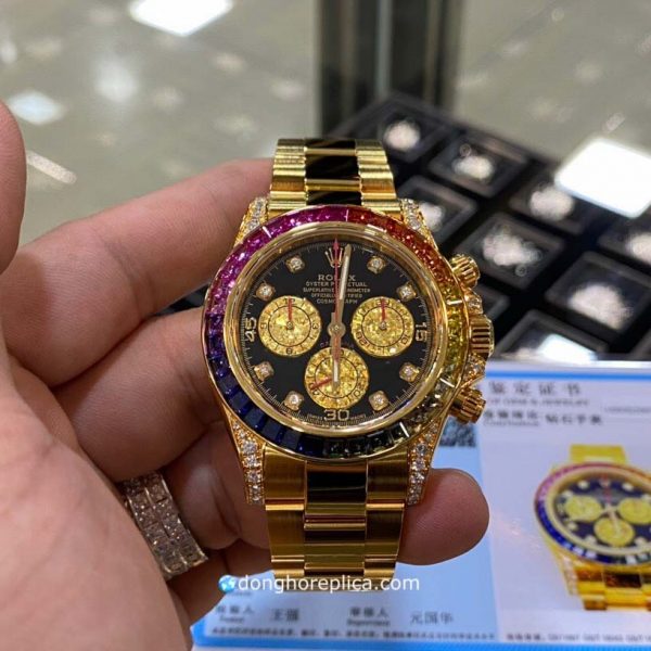 đồng hồ Rolex Daytona Bọc Vàng Gold 18K Viền Đá Rainbown 7 Màu