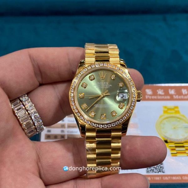 Đồng Hồ Nữ Rolex Datejust Bọc Vàng 18K Dày Mặt Xanh Green Viền Đá