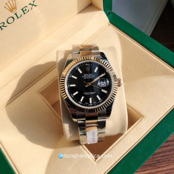 đồng hồ Rolex Datejust Bọc Vàng Demi 18K Mặt Đen Dây Oyster 3 Mắt