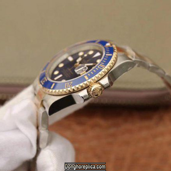 Thiết kế núm đồng hồ Rolex Submariner yellow gold blue dial Rep 1:1