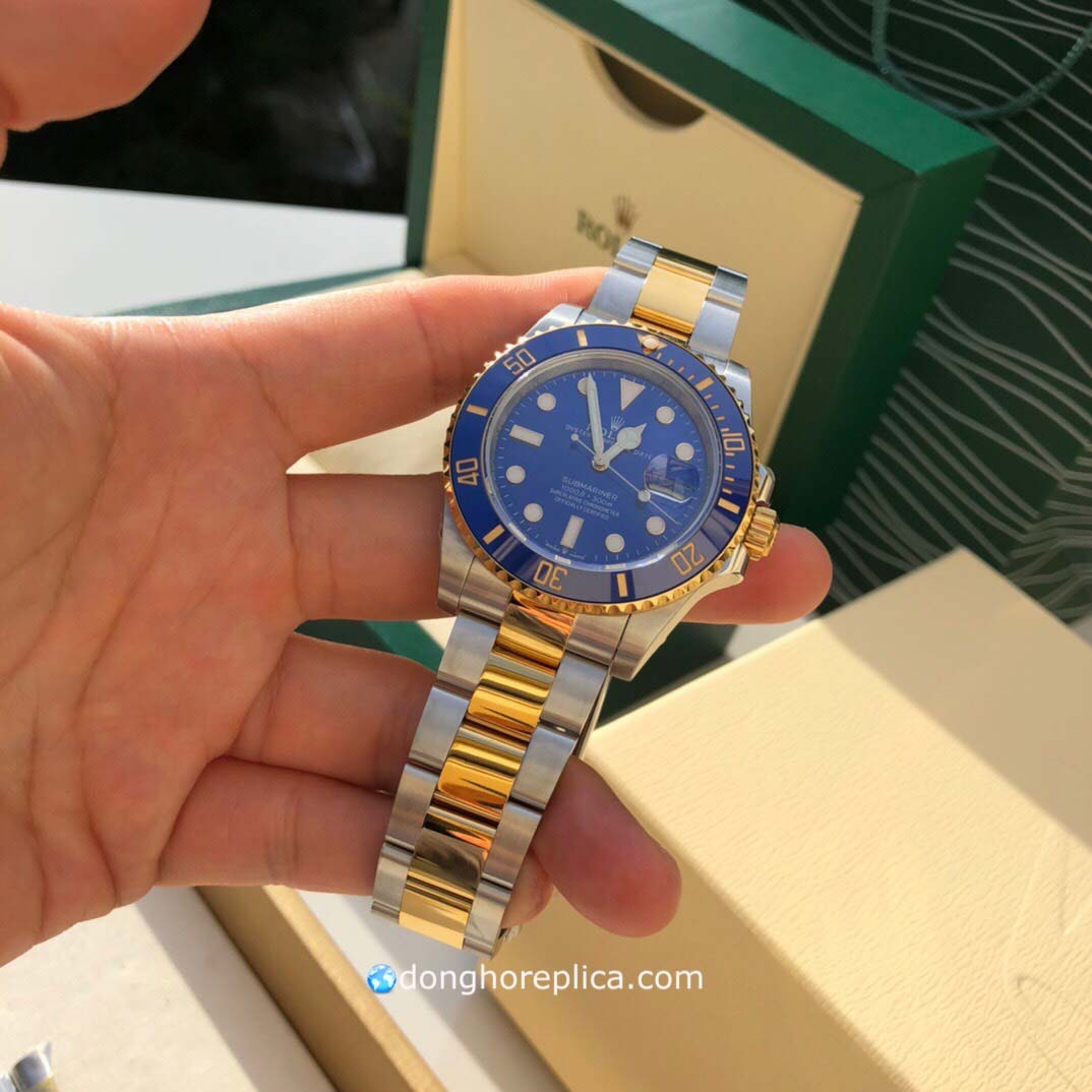 Đánh giá chi tiết mặt số đồng hồ Rolex Submariner yellow gold blue dial