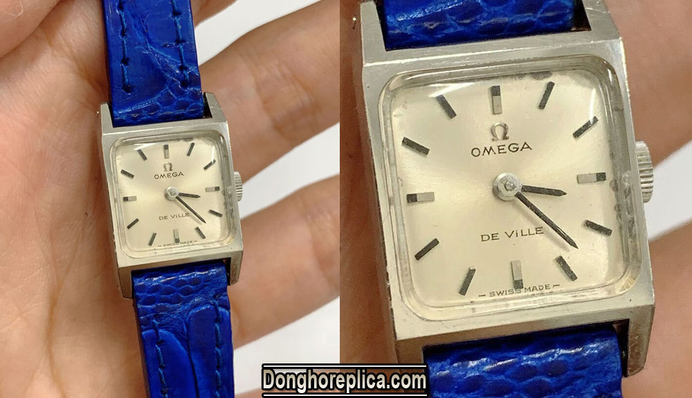 Đồng hồ Omega nữ mặt vuông dây da xanh thanh lịch