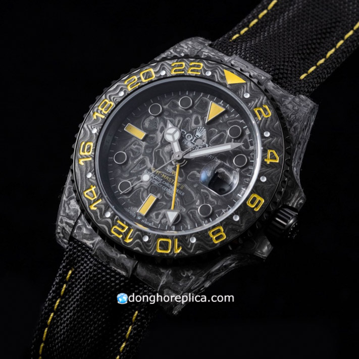 Bộ vỏ Carbon cao cấp, mạnh mẽ trên đồng hồ Rolex GMT Master II Black DIW Carbon Yellow